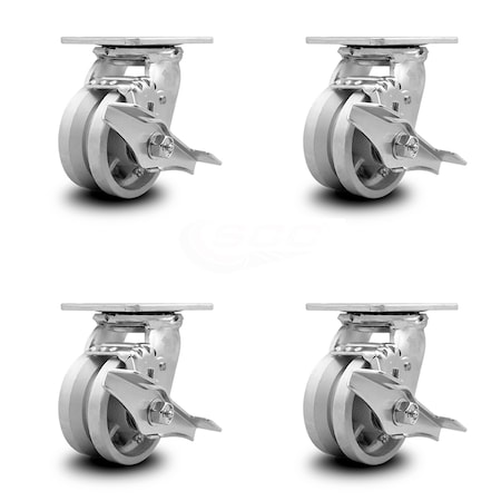 Service Caster 4 Inch V Groove Semi Steel Swivel Caster Set with Roller Bearings and Brakes SCC SCC-30CS420-VGR-TLB-4